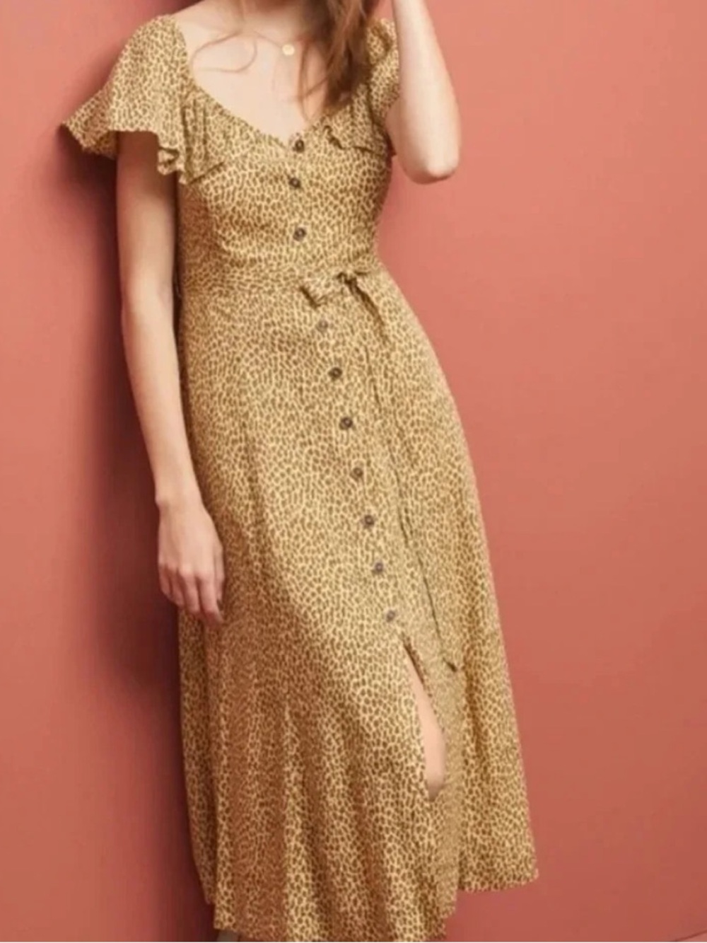 Anthropologie Balano Cheetah Button-Front Midi Dress
